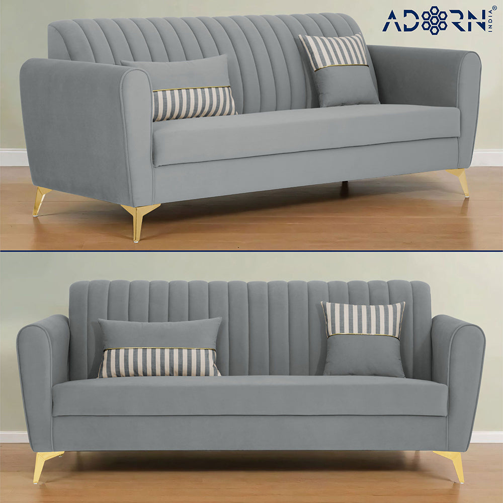 Adorn India Premium Luster 3+2 Sofa Set | Velvet Suede Fabric | 3-Year Warranty | Color Grey with Golden Legs & Striped Pattern Cushion