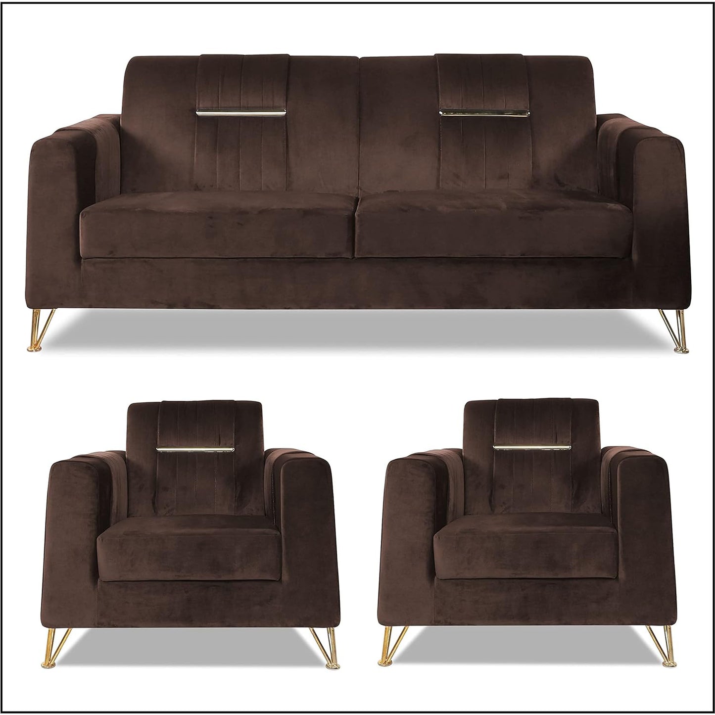 Adorn India Premium Benington 3-1-1 5 Seater Sofa Set (Velvet Fabric Colour Brown)