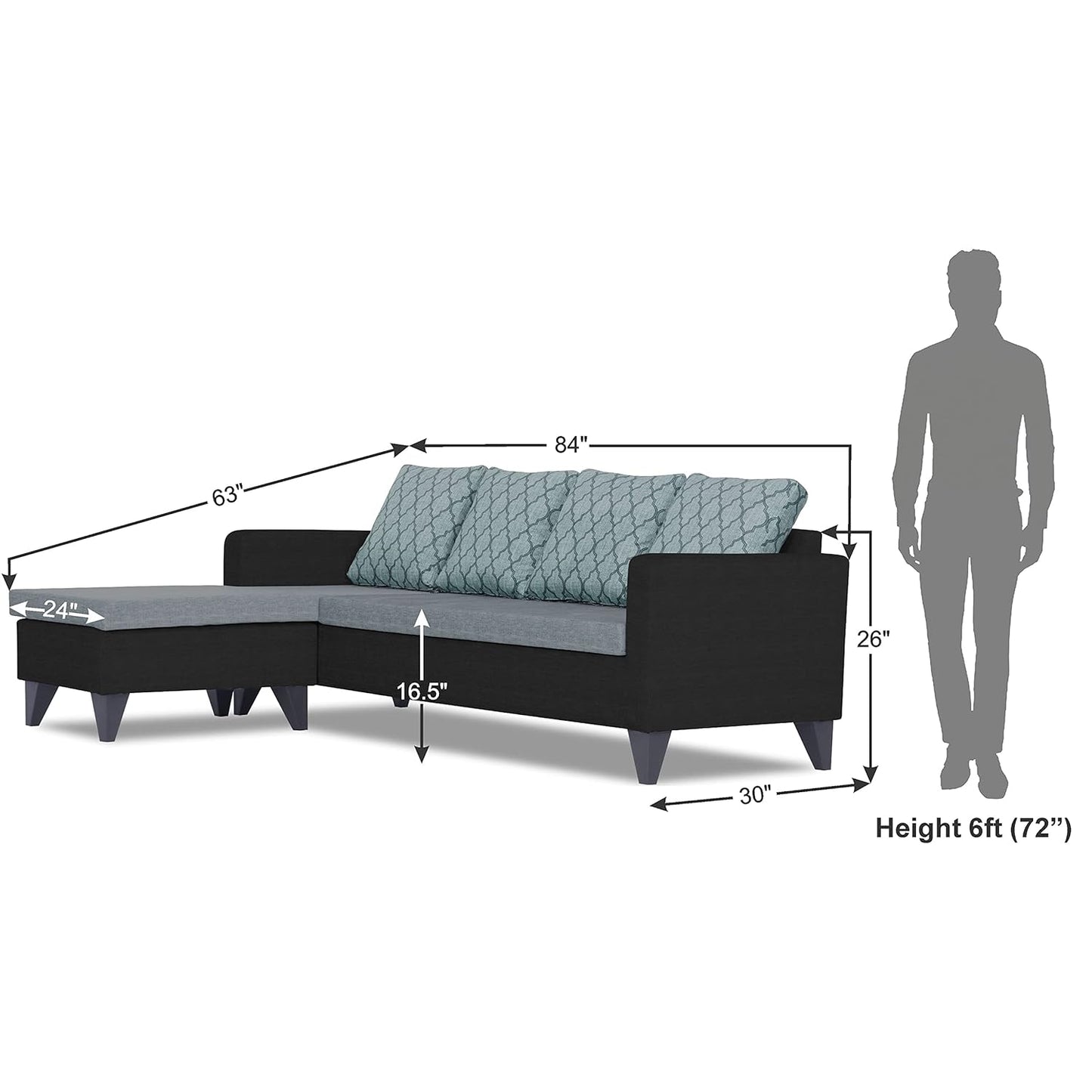 Adorn India Dorothy Blossom L Shape 5 Seater Sofa Set LHS (Black & Grey)