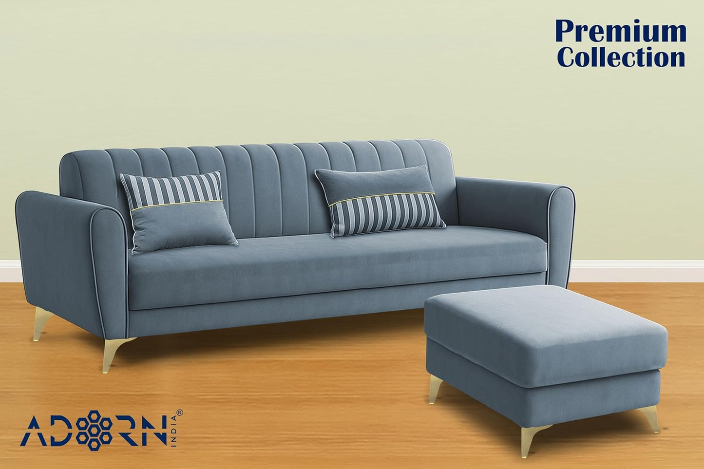 Adorn India Premium Luster 4 Seater L Shape Sofa Set | Velvet Suede Fabric | 3-Year Warranty | Color Grey with Golden Legs & Striped Pattern Cushion