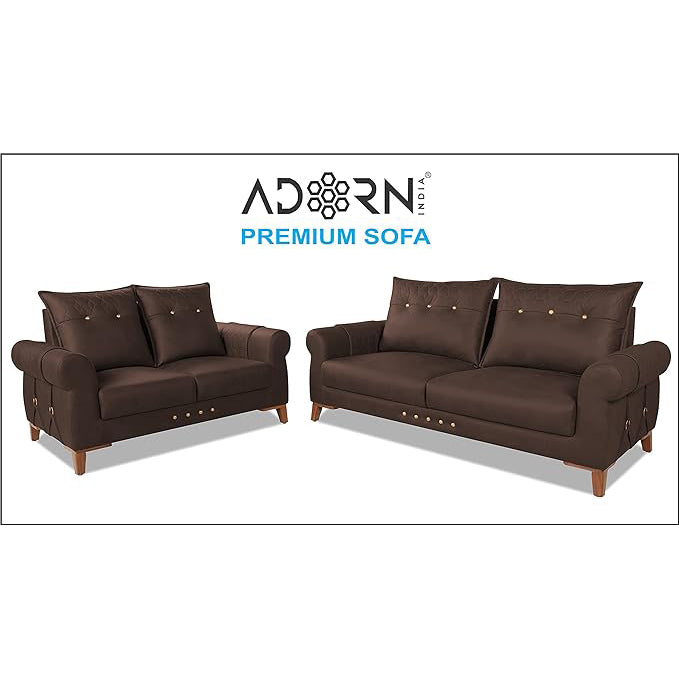 Adorn India Premium Jarvis 3+2 Five Seater Sofa Set (Leatherette Suede Fabric Colour Brown)