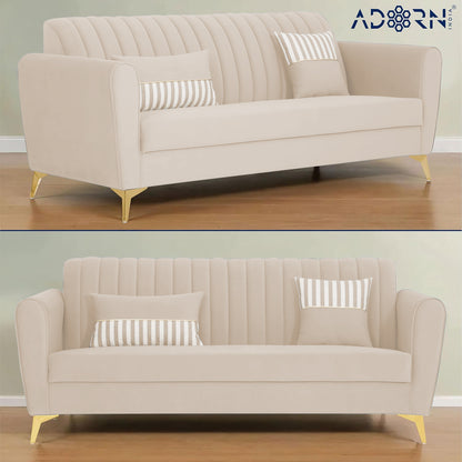Adorn India Premium Luster 3-1-1 Sofa Set | Velvet Suede Fabric | 3-Year Warranty | Color Cream with Golden Legs & Striped Pattern Cushion