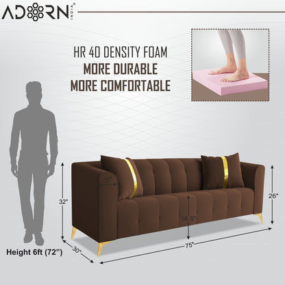 Adorn India Premium Mystic - 3 Years Warranty - 3 Seater Sofa Velvet Suede Fabric - Brown