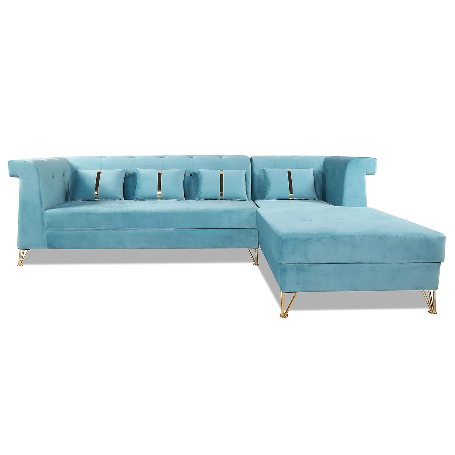 Adorn India Premium Raygan L Shape 6 Seater Sofa Set Right Side (Velvet Fabric Colour Aqua Blue)
