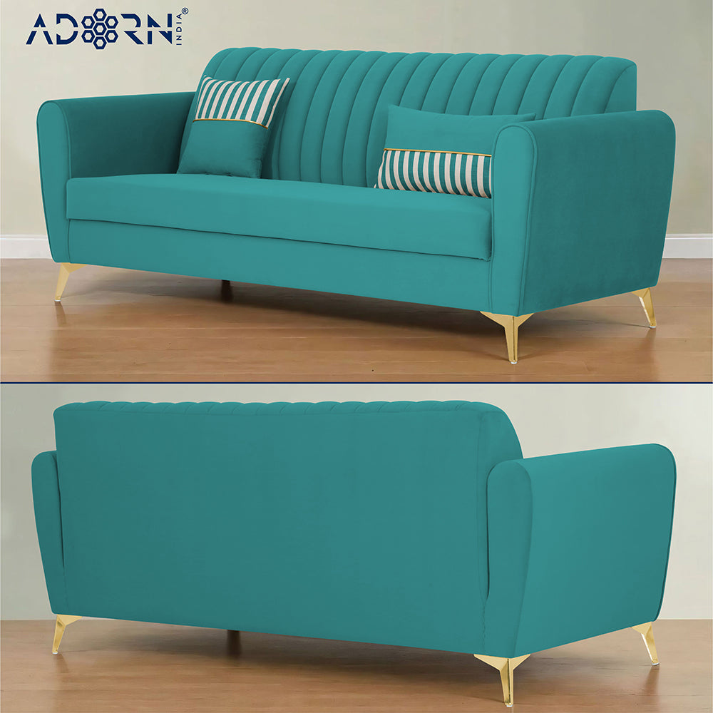 Adorn India Premium Luster 3-2-1 Sofa Set | Velvet Suede Fabric | 3-Year Warranty | Color Aqua Blue with Golden Legs & Striped Pattern Cushion