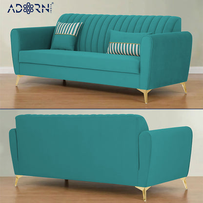 Adorn India Premium Luster 3-2-1 Sofa Set | Velvet Suede Fabric | 3-Year Warranty | Color Aqua Blue with Golden Legs & Striped Pattern Cushion