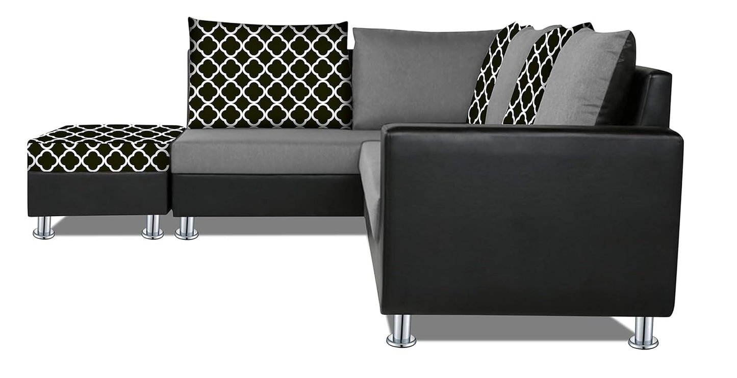 Adorn India (3 Years Warranty Atlanta 6 Seater Leatherette & Fabric Corner Sofa Left Hand Side with Ottoman (Grey & Black)