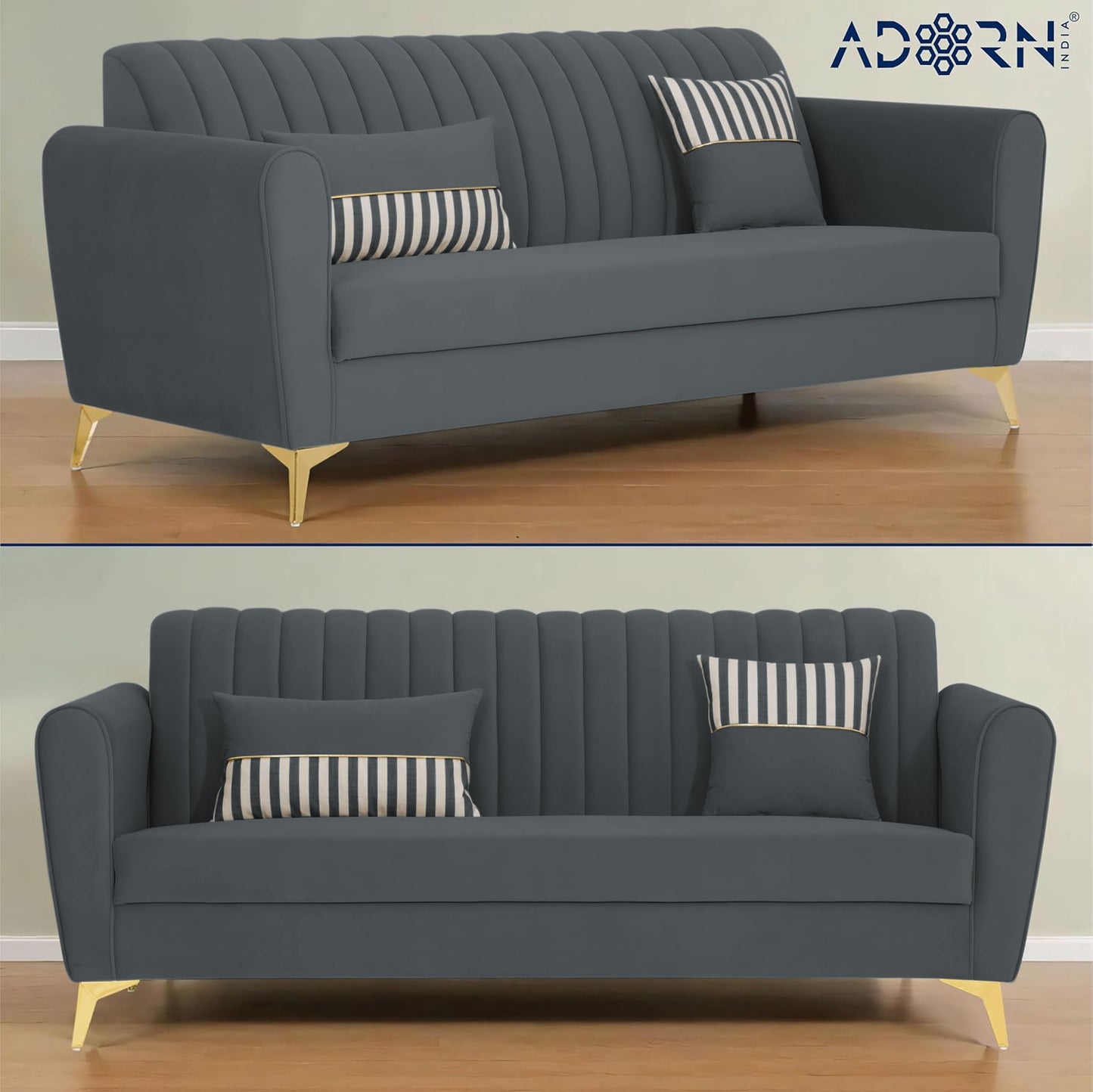 Adorn India Premium Luster 3-1-1 Sofa Set | Velvet Suede Fabric | 3-Year Warranty | Color Dark Grey with Golden Legs & Striped Pattern Cushion