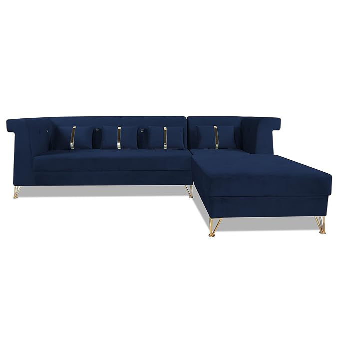 Adorn India Premium Raygan L Shape 6 Seater Sofa Set Right Side (Velvet Fabric Colour Blue)