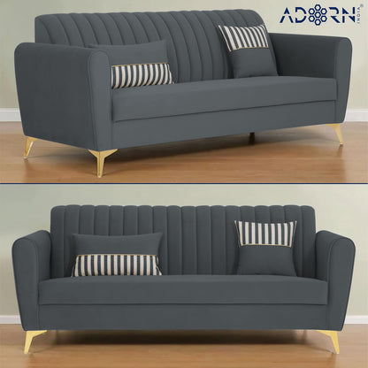 Adorn India Premium Luster 3 Seater | Velvet Suede Fabric | 3-Year Warranty | Color Dark Grey with Golden Legs & Striped Pattern Cushion