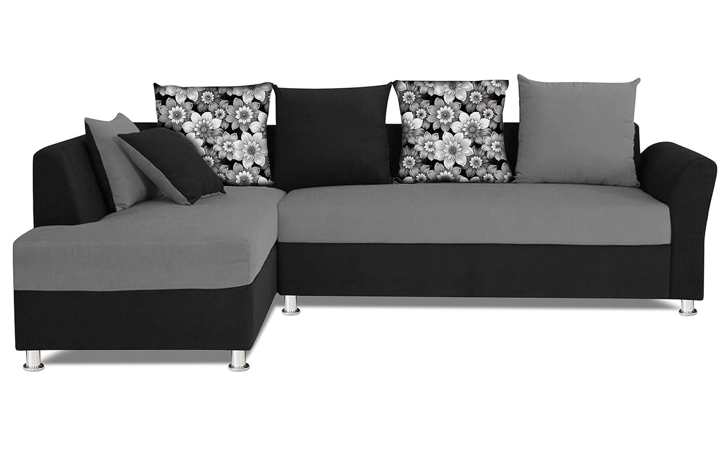 Adorn India (3 Years Warranty Boom 5 Seater Corner Sofa Floral Cushion Right Hand Side (Grey & Black)