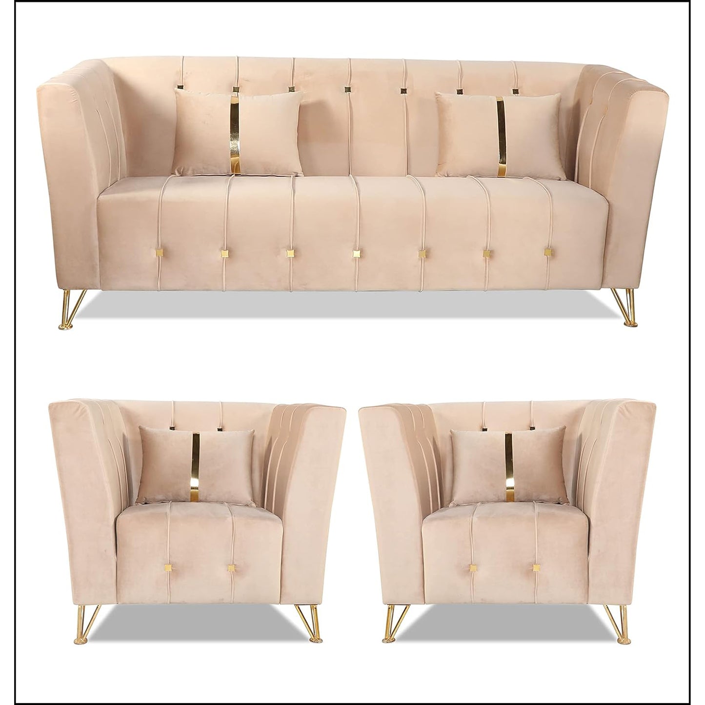Adorn India Premium Lotus 3-1-1 5 Seater Sofa Set (Velvet Fabric Colour Beige)