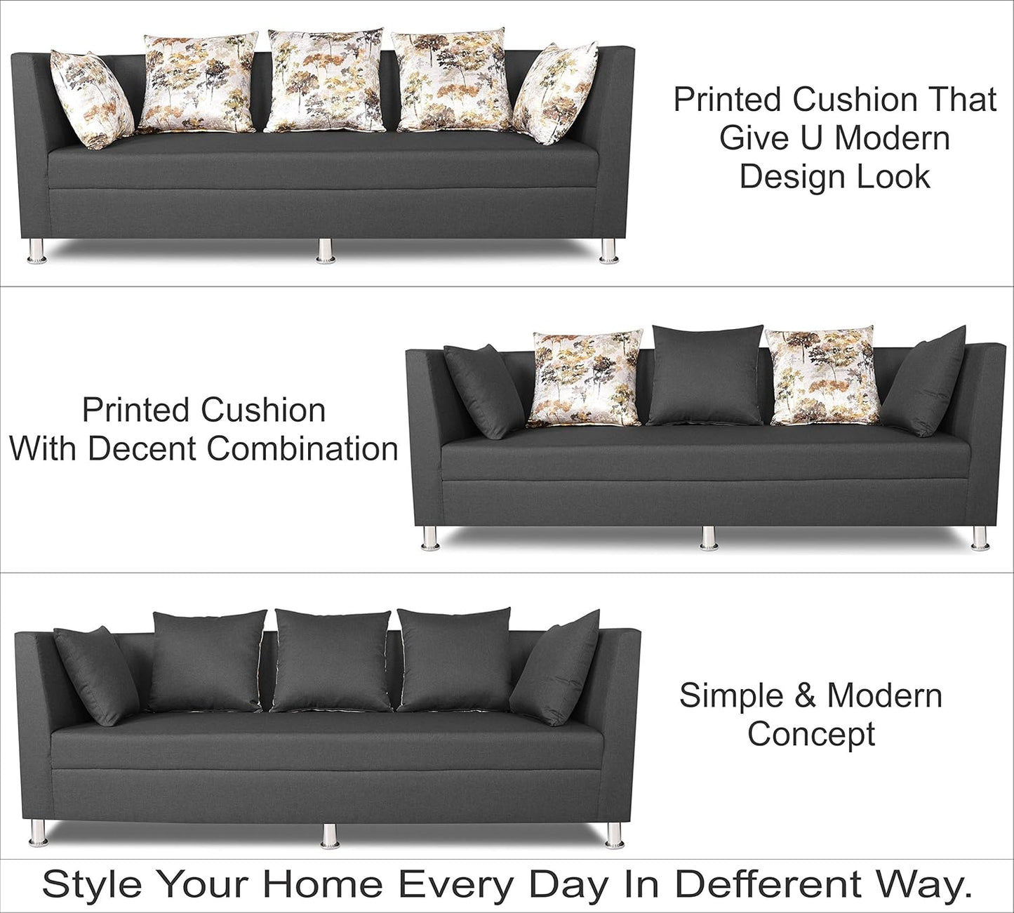 Adorn India Alica 3+2+1 Six Seater Sofa Set (Dark Grey)