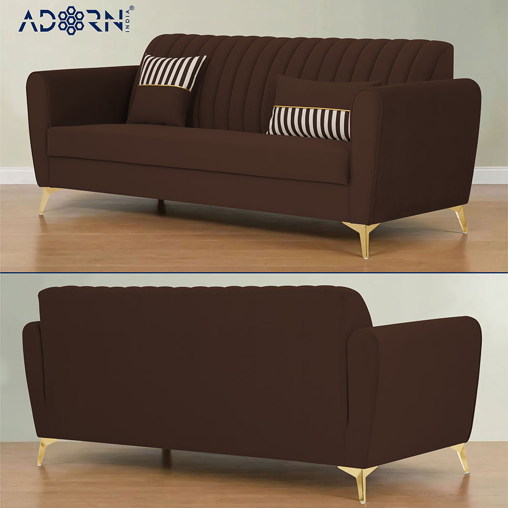 Adorn India Premium Luster 3-2 Sofa Set | Velvet Suede Fabric | 3-Year Warranty | Color Brown with Golden Legs & Striped Pattern Cushion