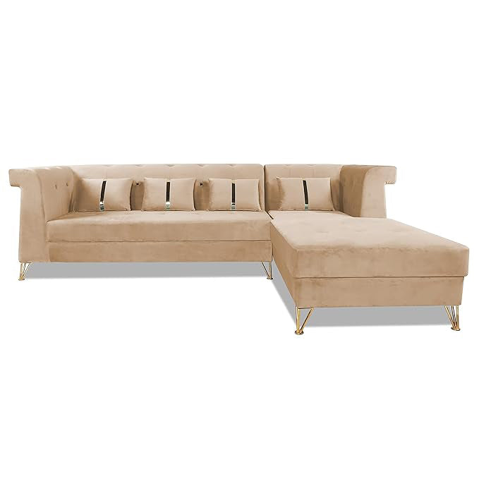 Adorn India Premium Raygan L Shape 6 Seater Sofa Set Right Side (Velvet Fabric Colour Beige)