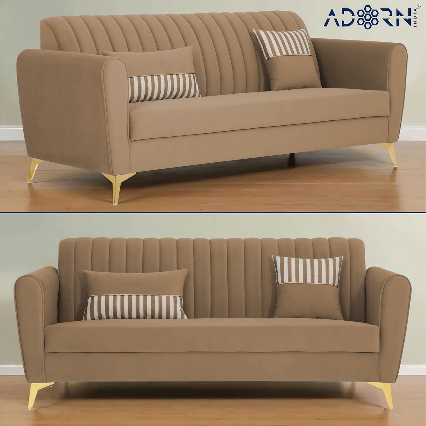 Adorn India Premium Luster 3 Seater | Velvet Suede Fabric | 3-Year Warranty | Color Camel with Golden Legs & Striped Pattern Cushion
