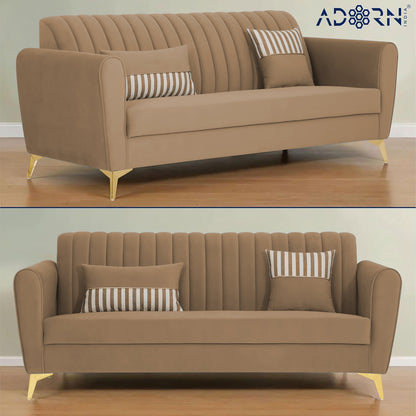 Adorn India Premium Luster 3 Seater | Velvet Suede Fabric | 3-Year Warranty | Color Camel with Golden Legs & Striped Pattern Cushion