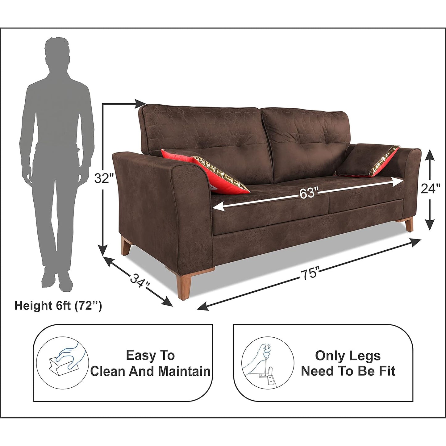 Adorn India Premium Aslaug 3 Seater Sofa (Leatherette Suede Fabric Colour Brown)