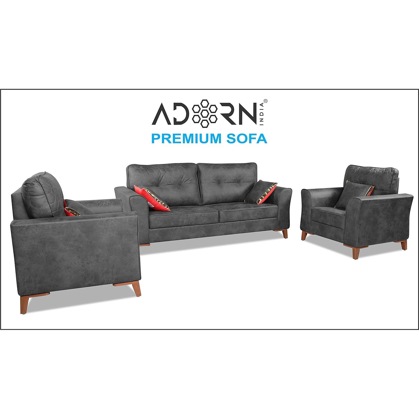 Adorn India Premium Aslaug 3-1-1 Sofa Set (Leatherette Suede Fabric Colour Grey)