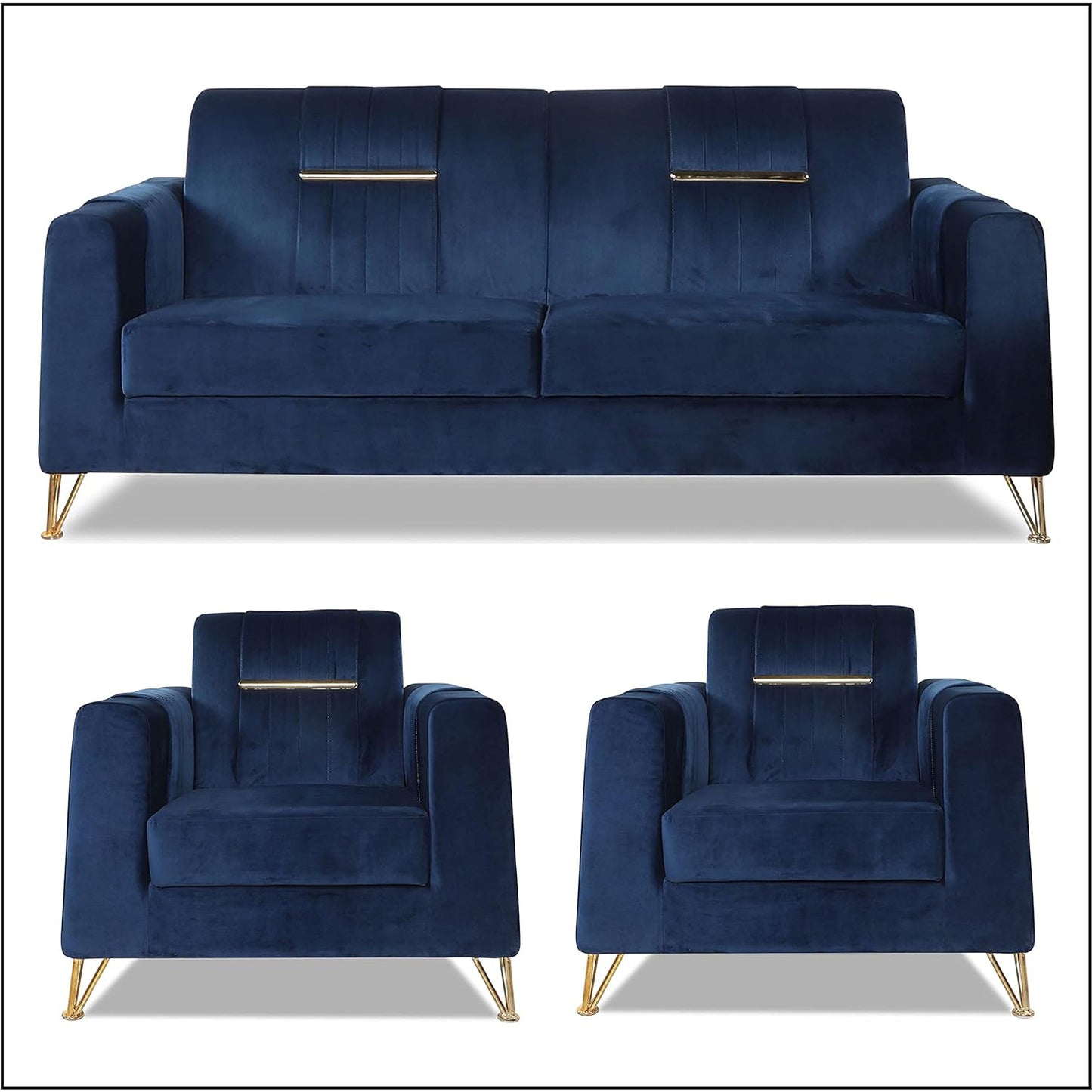 Adorn India Premium Benington 3-1-1 5 Seater Sofa Set (Velvet Fabric Colour Blue)