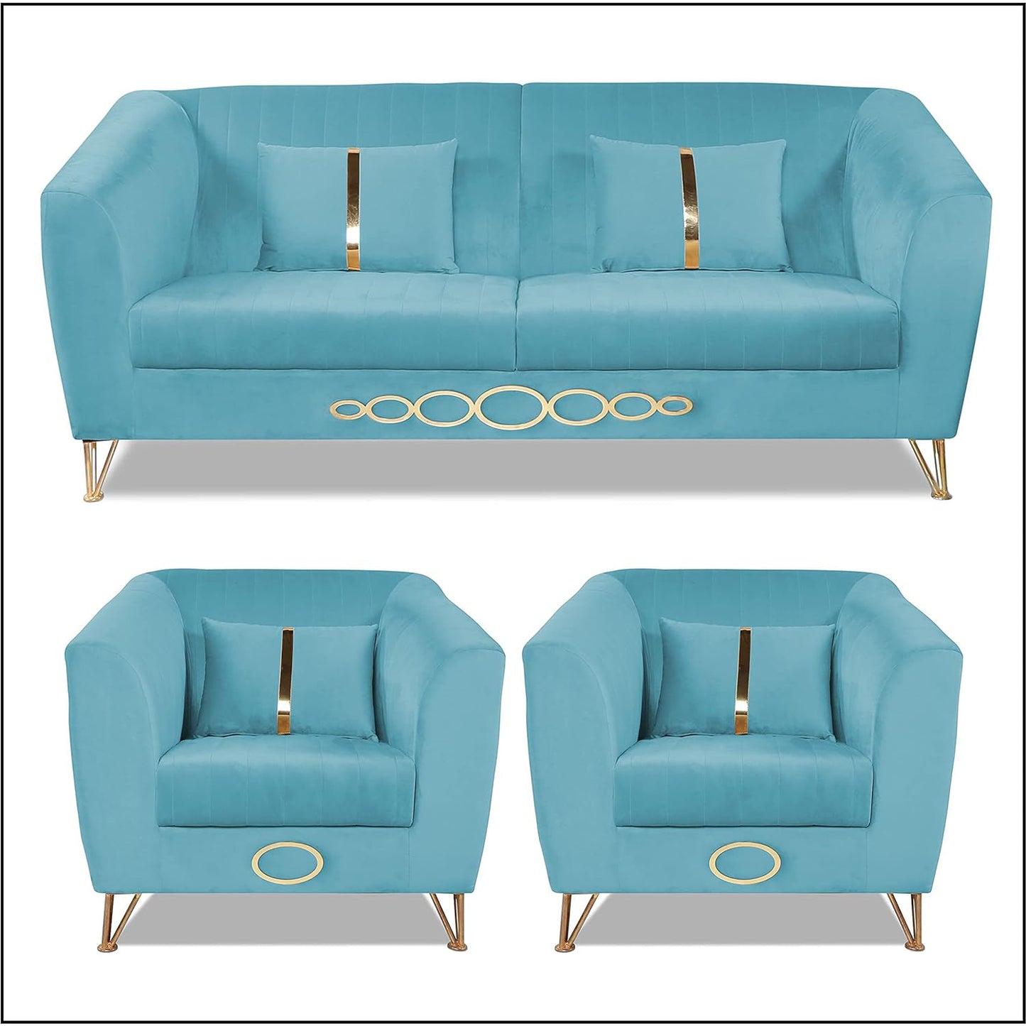 Adorn India Premium Camilla 3-1-1 5 Seater Sofa Set (Velvet Fabric Colour Aqua Blue)