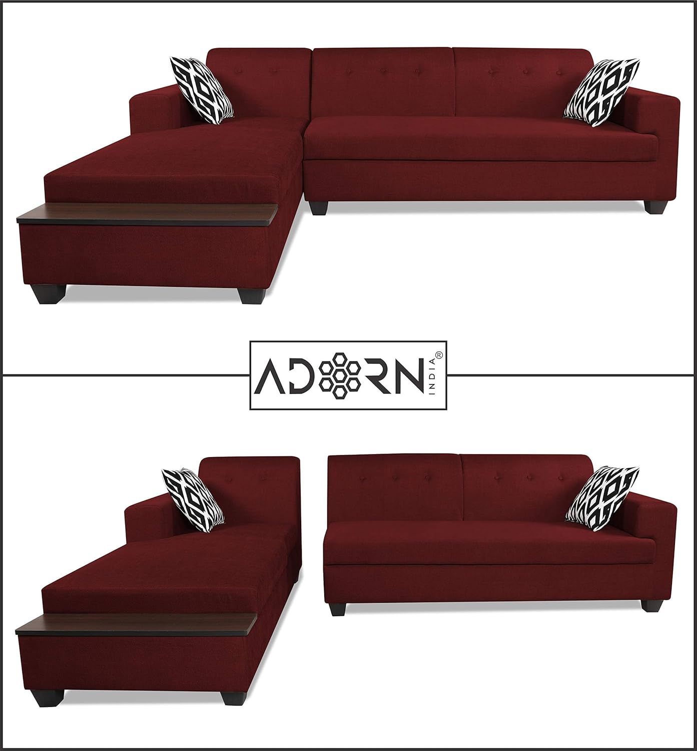 Adorn India Blazer L Shape 6 Seater Sofa Set (Left Side) (Maroon)