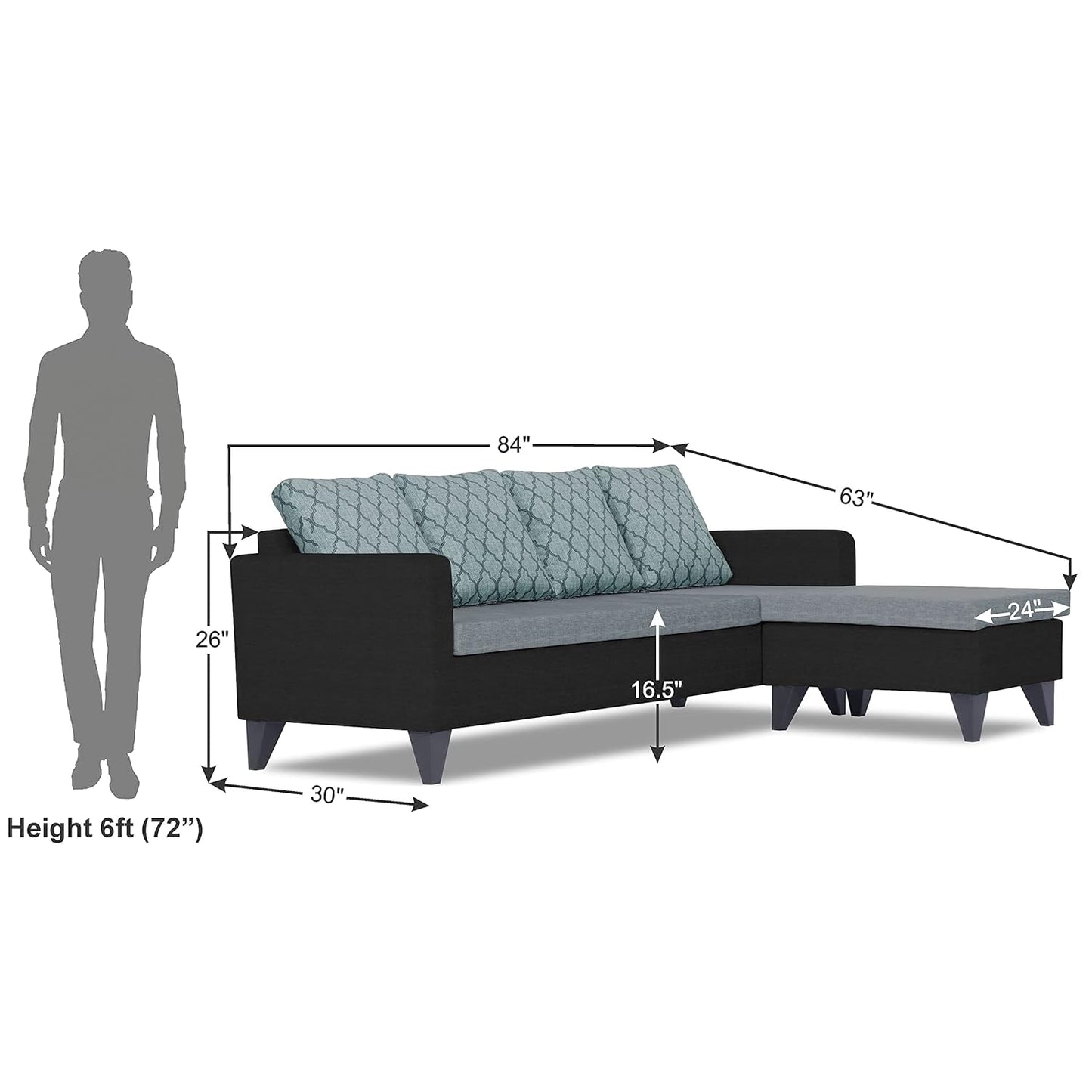 Adorn India Dorothy Blossom L Shape 5 Seater Sofa Set RHS (Black & Grey)