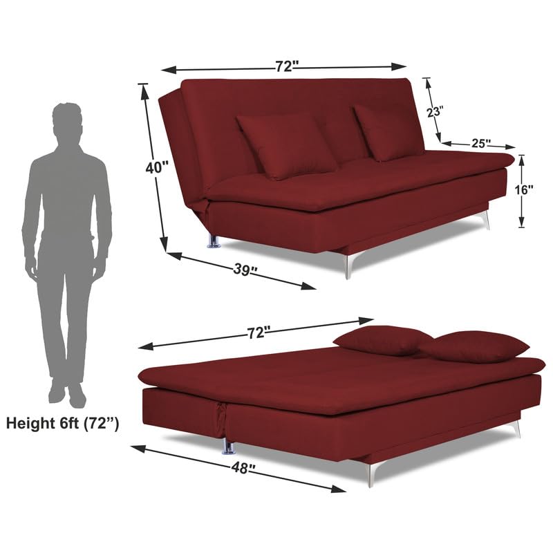 Adorn India Aspen Three Seater Sofa Cum Bed Single Tone Fabric (Maroon) (3 Year Warranty)