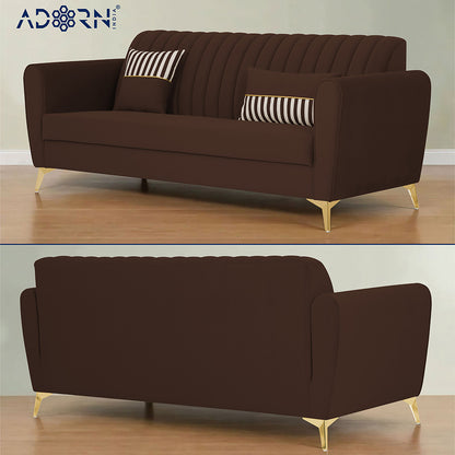 Adorn India Premium Luster 3 Seater | Velvet Suede Fabric | 3-Year Warranty | Color Brown with Golden Legs & Striped Pattern Cushion
