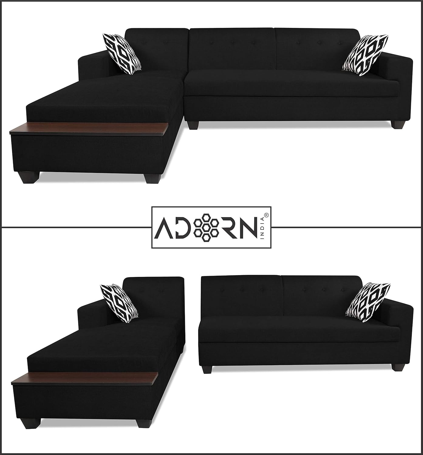 Adorn India Blazer L Shape 6 Seater Sofa Set (Left Side) (Black)