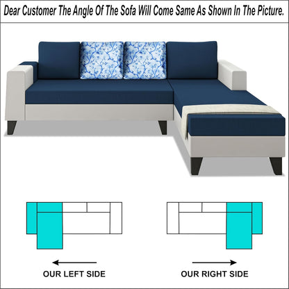 Adorn India Ashley Digitel Print Leatherette Fabric L Shape 8 Seater Sofa Set with 2 Ottoman Puffy & Center Table RHS (Blue & White) (3 Year Warranty)