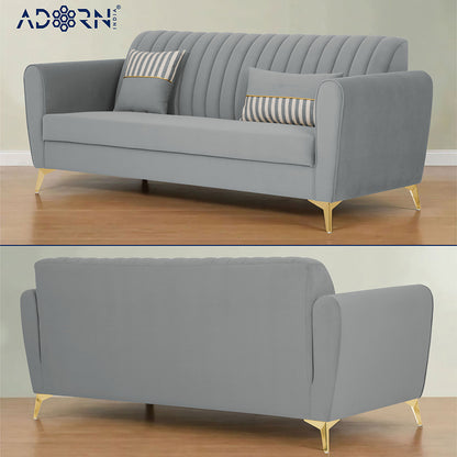 Adorn India Premium Luster 3 Seater | Velvet Suede Fabric | 3-Year Warranty | Color Grey with Golden Legs & Striped Pattern Cushion