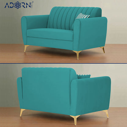 Adorn India Premium Luster 3-2-1 Sofa Set | Velvet Suede Fabric | 3-Year Warranty | Color Aqua Blue with Golden Legs & Striped Pattern Cushion