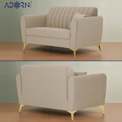 Adorn India Premium Luster 2 Seater | Velvet Suede Fabric | 3-Year Warranty | Color Beige with Golden Legs & Striped Pattern Cushion