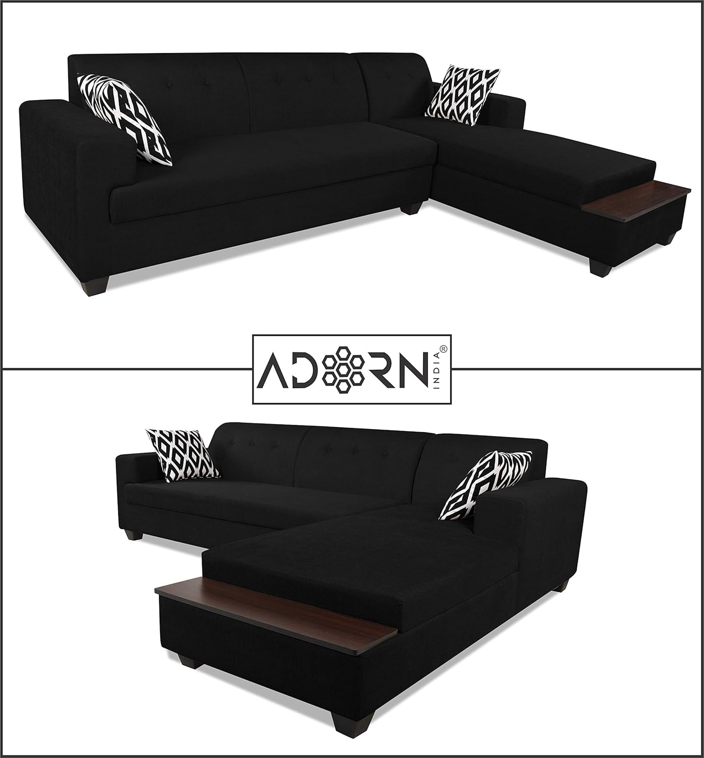 Adorn India Blazer L Shape 6 Seater Sofa Set (Right Side) (Black)