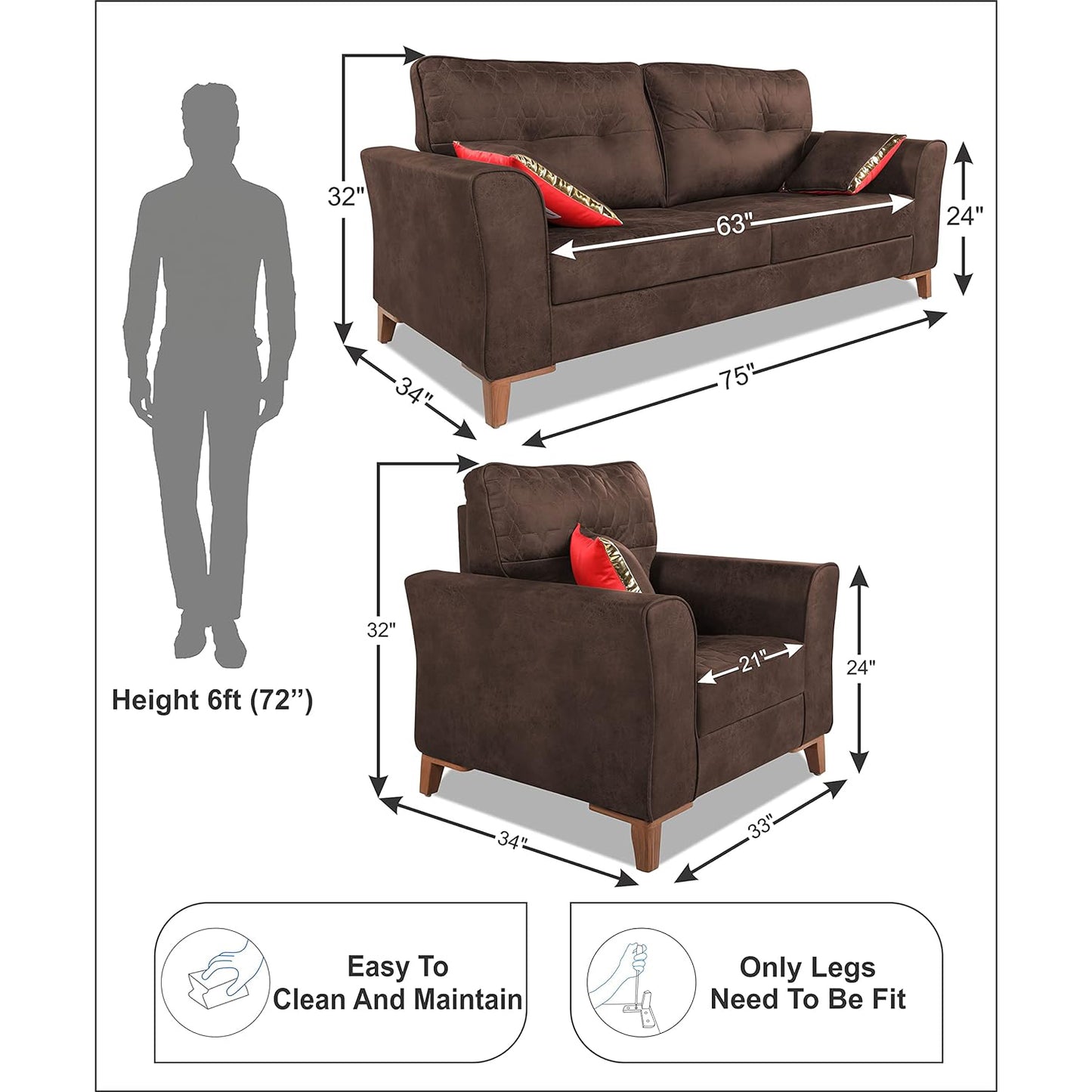 Adorn India Premium Aslaug 3-1-1 Sofa Set (Leatherette Suede Fabric Colour Brown)