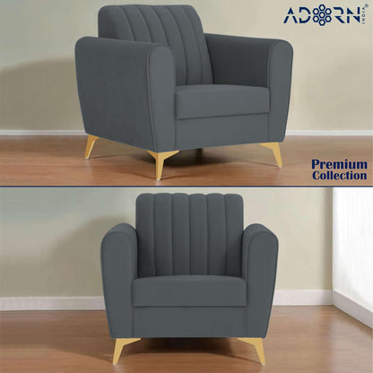 Adorn India Premium Luster 3-1-1 Sofa Set | Velvet Suede Fabric | 3-Year Warranty | Color Dark Grey with Golden Legs & Striped Pattern Cushion