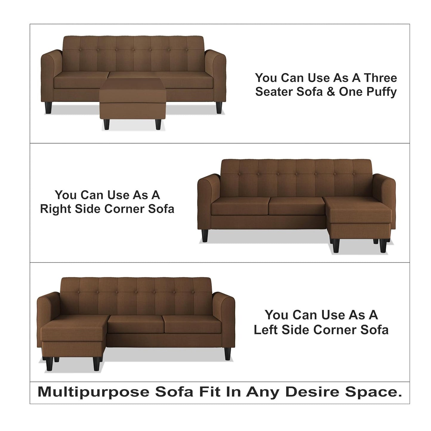 Adorn India Rio Elegant L Shape 4 Seater Sofa Set (Brown) (3 Year Warranty)