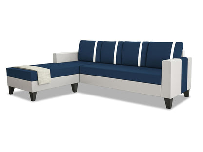 Adorn India Ashley Stripes Leatherette Fabric L Shape 5 Seater Sofa Set LHS (Blue & White) (3 Year Warranty)
