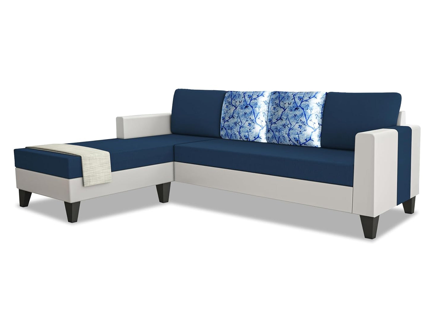 Adorn India Ashley Digital Print Leatherette Fabric L Shape 5 Seater Sofa Set LHS (Blue & White) (3 Year Warranty)