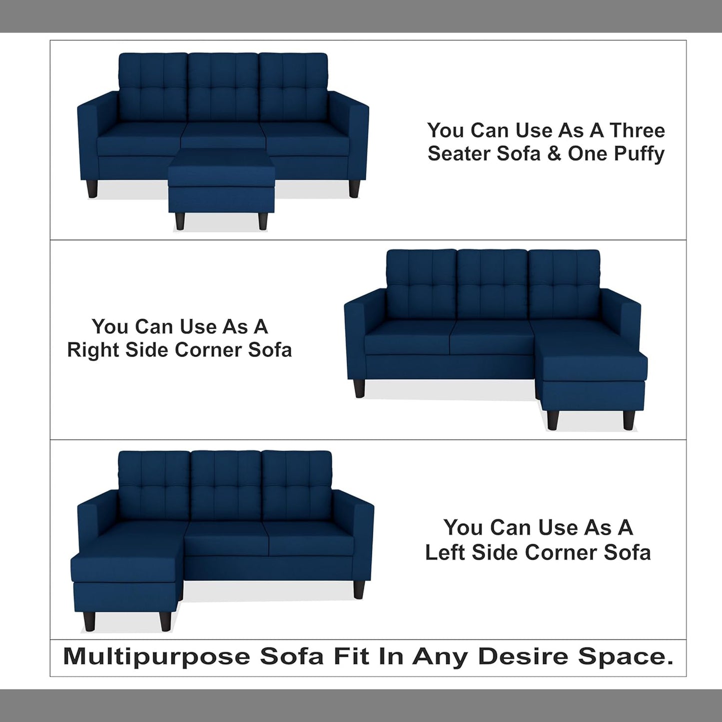 Adorn India Darcy L Shape 4 Seater Sofa Set (Blue) (3 Year Warranty)