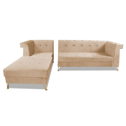 Adorn India Premium Raygan L Shape 6 Seater Sofa Set Left Side (Velvet Fabric Colour Beige)