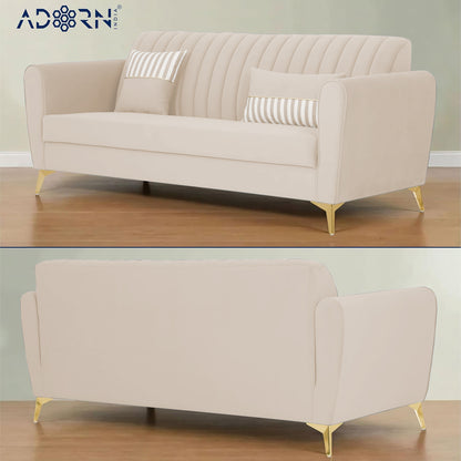 Adorn India Premium Luster 3 Seater | Velvet Suede Fabric | 3-Year Warranty | Color Cream with Golden Legs & Striped Pattern Cushion