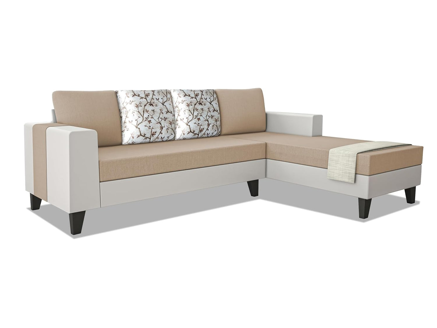 Adorn India Ashley Digitel Print Leatherette Fabric L Shape 8 Seater Sofa Set with 2 Ottoman Puffy & Center Table RHS (Beige & White) (3 Year Warranty)