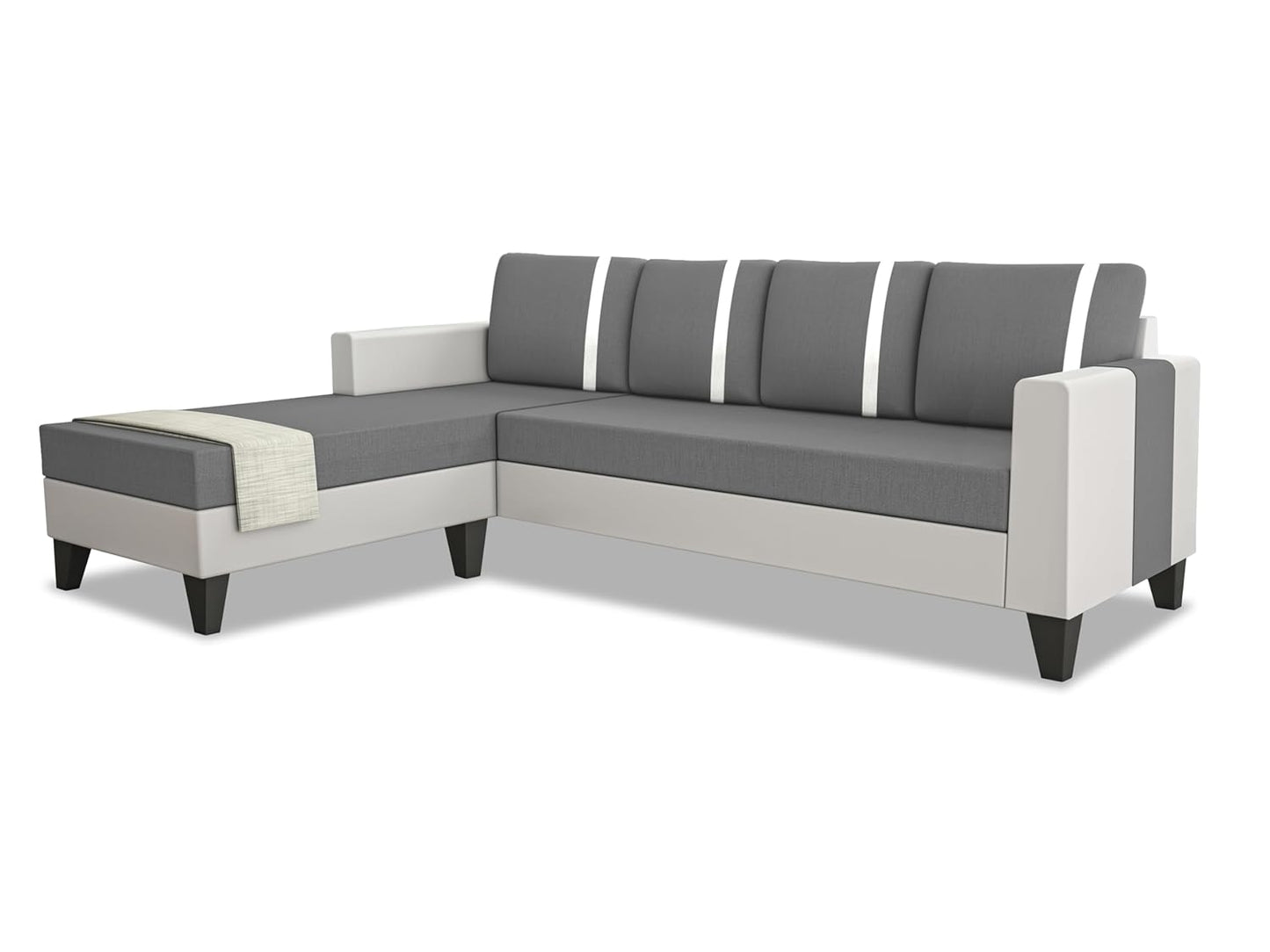 Adorn India Ashley Stripes Leatherette Fabric L Shape 5 Seater Sofa Set LHS (Grey & White) (3 Year Warranty)