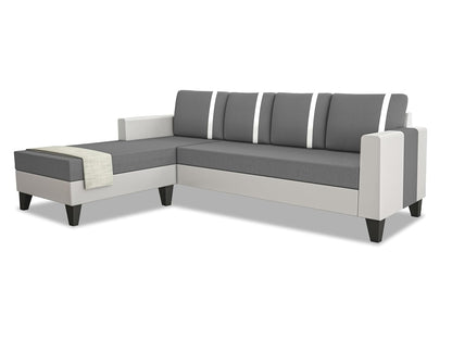 Adorn India Ashley Stripes Leatherette Fabric L Shape 5 Seater Sofa Set LHS (Grey & White) (3 Year Warranty)