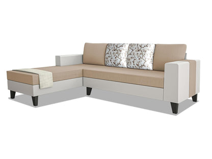 Adorn India Ashley Digitel Print Leatherette Fabric L Shape 8 Seater Sofa Set with 2 Ottoman Puffy & Center Table LHS (Beige & White) (3 Year Warranty)