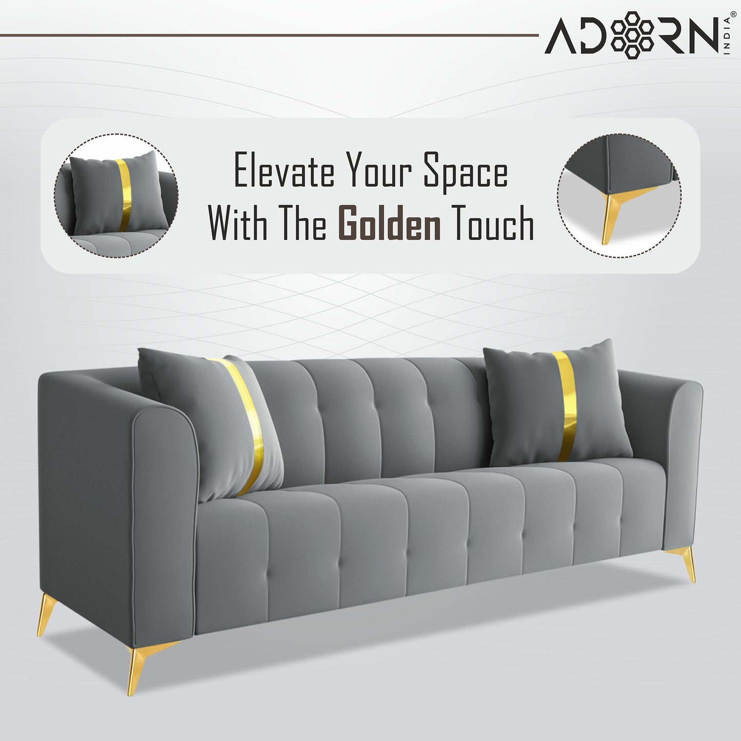 Adorn India Premium Mystic - 3 Years Warranty - 3 Seater Sofa Velvet Suede Fabric - Grey