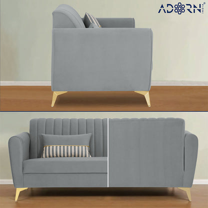 Adorn India Premium Luster 3 Seater | Velvet Suede Fabric | 3-Year Warranty | Color Grey with Golden Legs & Striped Pattern Cushion