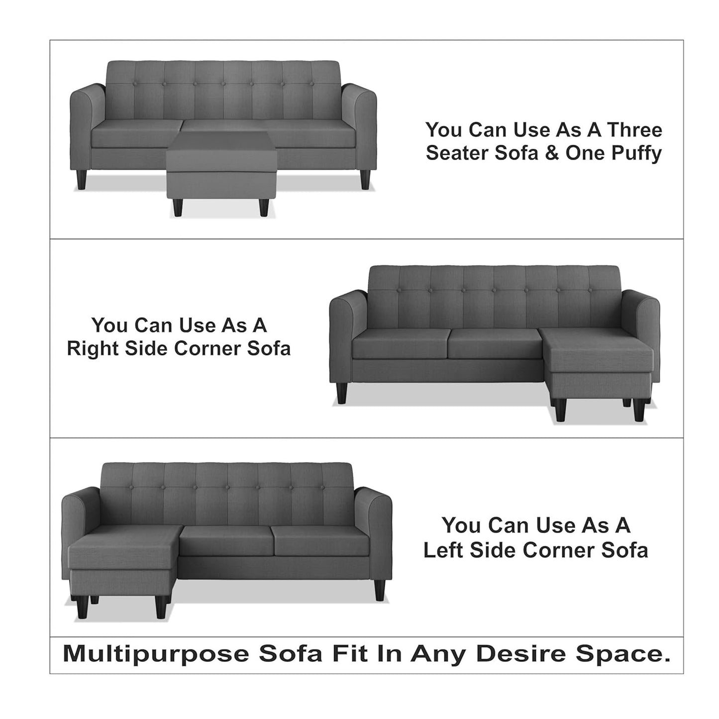 Adorn India Rio Elegant L Shape 4 Seater Sofa Set (Grey) (3 Year Warranty)